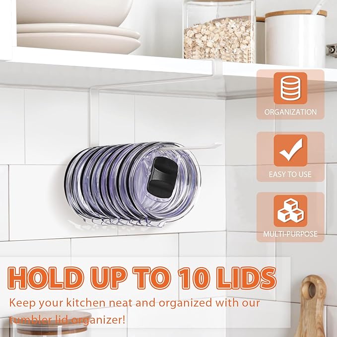 Tumbler Lid Organizer, Horizontal Tumbler Lid Storage Hook Up to 10 Lids, Space Saving Cup Lid Holders Under Cabinet Tumbler Lid Hook for Kitchen Organizer and Storage, Paper Towel Rack Hanger (White)