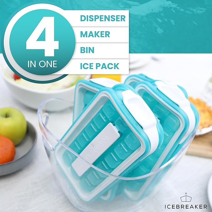 ICEBREAKER POP - 4 IN 1 - DISPENSER - MAKER - BIN - ICE PACK - Make And Serve Ice Without Ever Touching The Ice - The Sanitary Silicone Ice Tray for Freezer With Lid - Ice Cube Tray