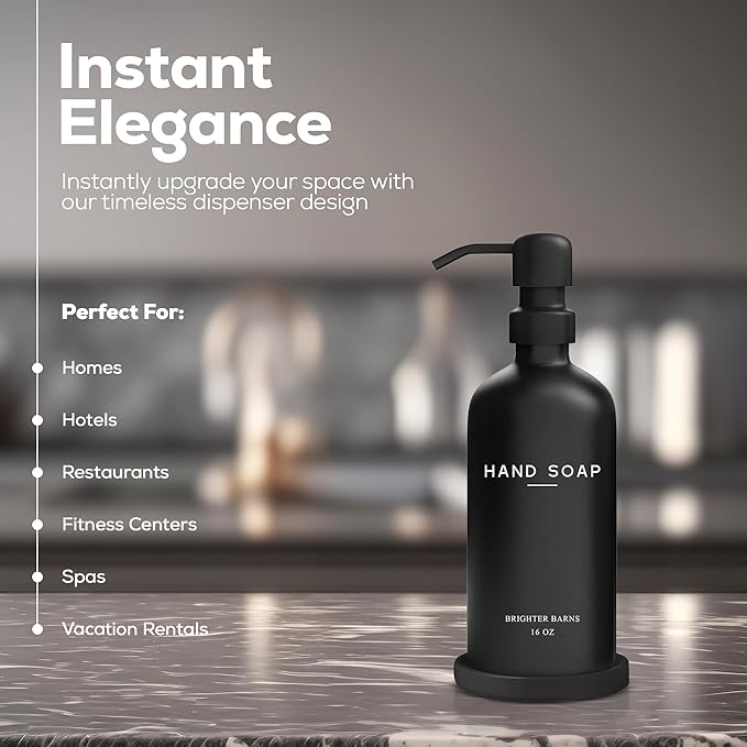 Black Glass Hand Soap Dispenser Bathroom Set by Brighter Barns - Bathroom Soap Dispenser Set with Tray and Stainless Steel Pump - Modern Decor for Kitchen, Hotel, Vacation Rental, Restaurants (Black)