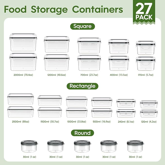KEMETHY 54-Piece Food Storage Containers with Lids(27 Containers & 27 Lids), Plastic Food Containers for Pantry & Kitchen Storage and Organization, BPA-Free, Leak Proof, Reusable with Labels & Pen