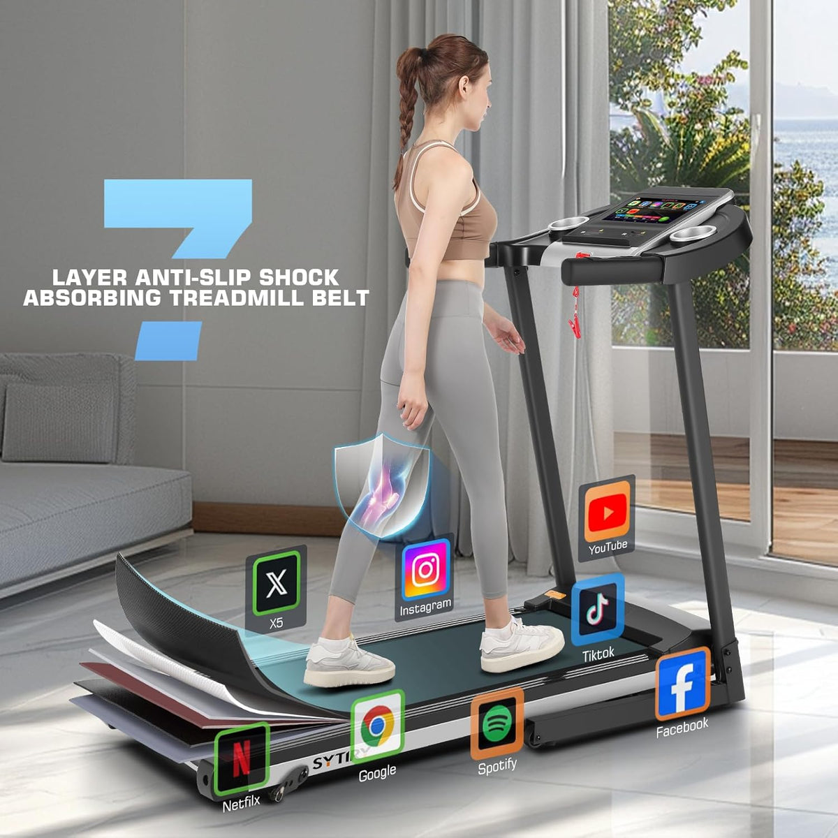 SYTIRY Incline Treadmills for Home with TV Screen and WiFi, 3.25HP Smart Walking Pad Treadmill with Incline, Heavy Duty Foldable Electric Running Machine with 10” Touchscreen, 3D Virtual Sports Scenes