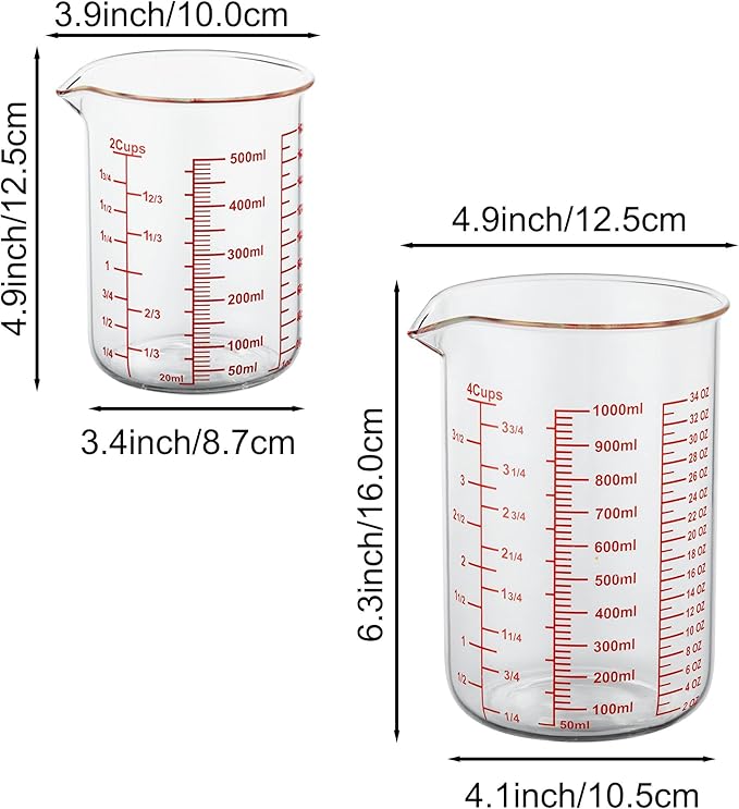3 Piece Glass Measuring Cup Set, Includes 2-Cup, 4-Cup, and 8-Cup High Borosilicate Glasss Liquid Measuring Cups, Dishwasher, Freezer, Microwave, and Preheated Oven Safe, Essential Kitchen Tools