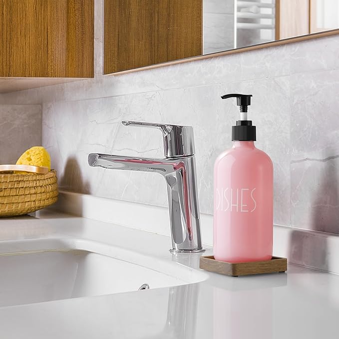 Pink Glass Dish Soap Dispenser with Acacia Wood Tray, 16 oz Refillable Kitchen Soap Pump Bottle, Decorative Countertop Soap Dispenser Set for Kitchen Bathroom Accessories