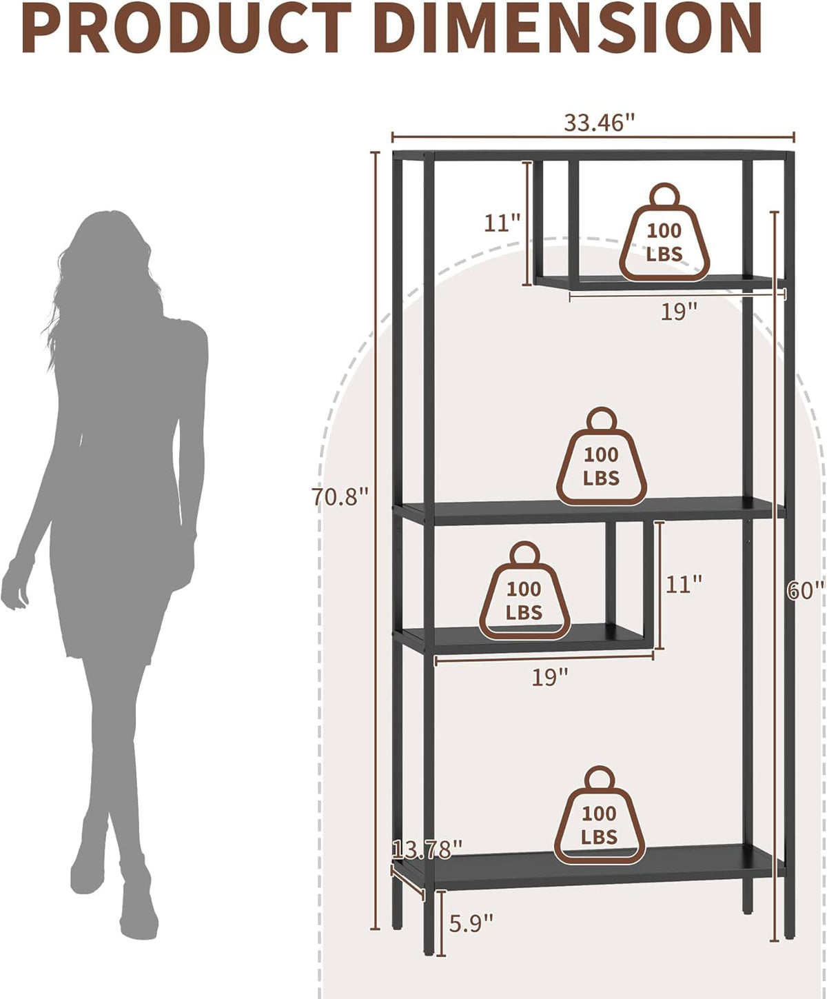 Metal Storage Shelving Unit, Decorative Geometric Bookcase, Modern Freestanding Display Shelves, Tall Book Shelf Unit for Living Room Bedroom Office, Easy Assembly