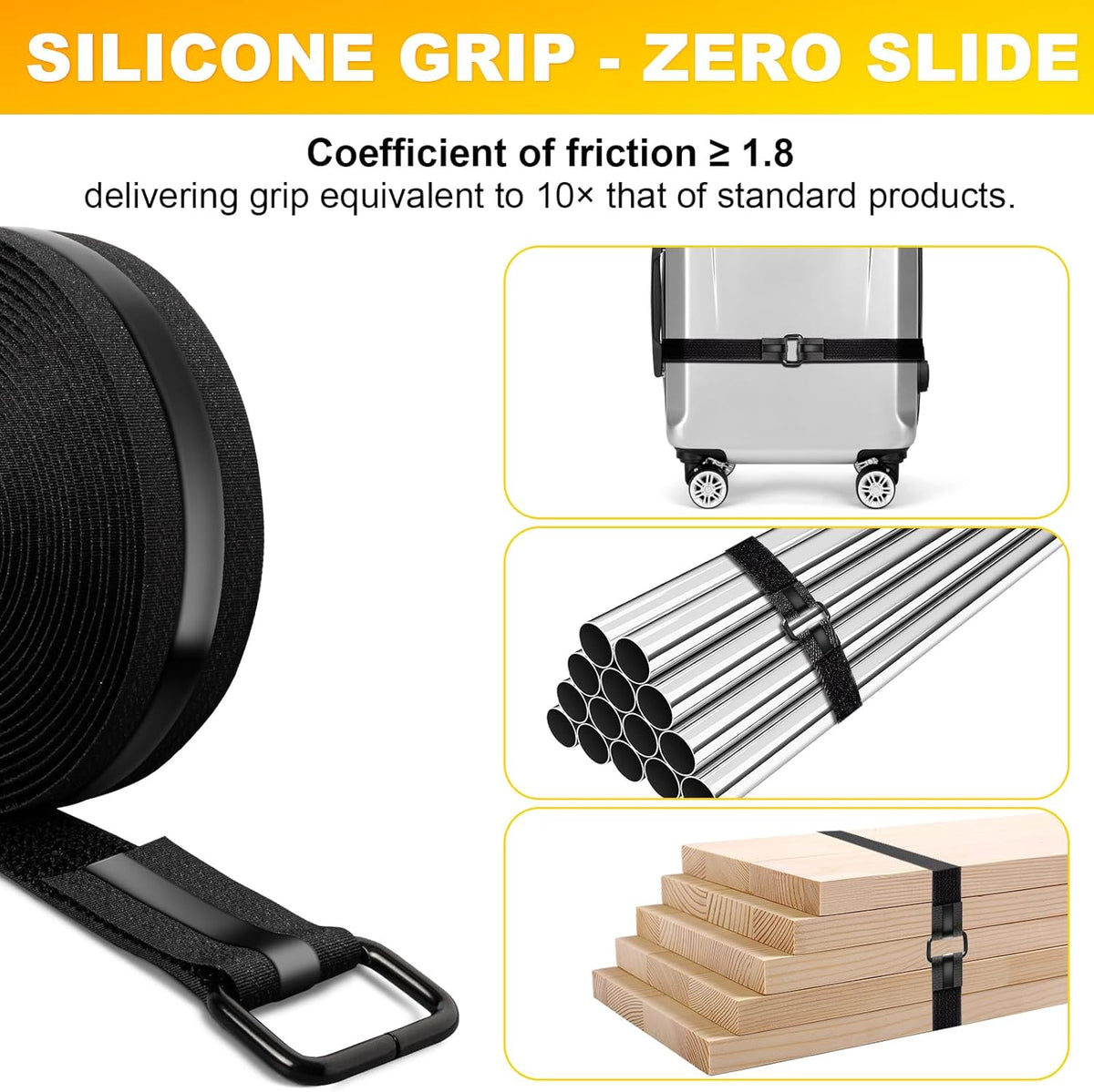 1.18" x 16' Heavy-Duty Fastening & Super Anti-Slip Cinch Straps with 22 Buckles, Black Nylon Hook and Loop, Reusable for Organization & Storage