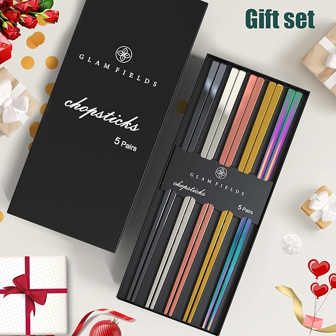 GLAMFIELDS Metal Chopsticks Reusable Chopsticks Dishwasher Safe Multipack Stainless Steel Japanese Style 5 Pairs Lightweight Chop Sticks Gift Set