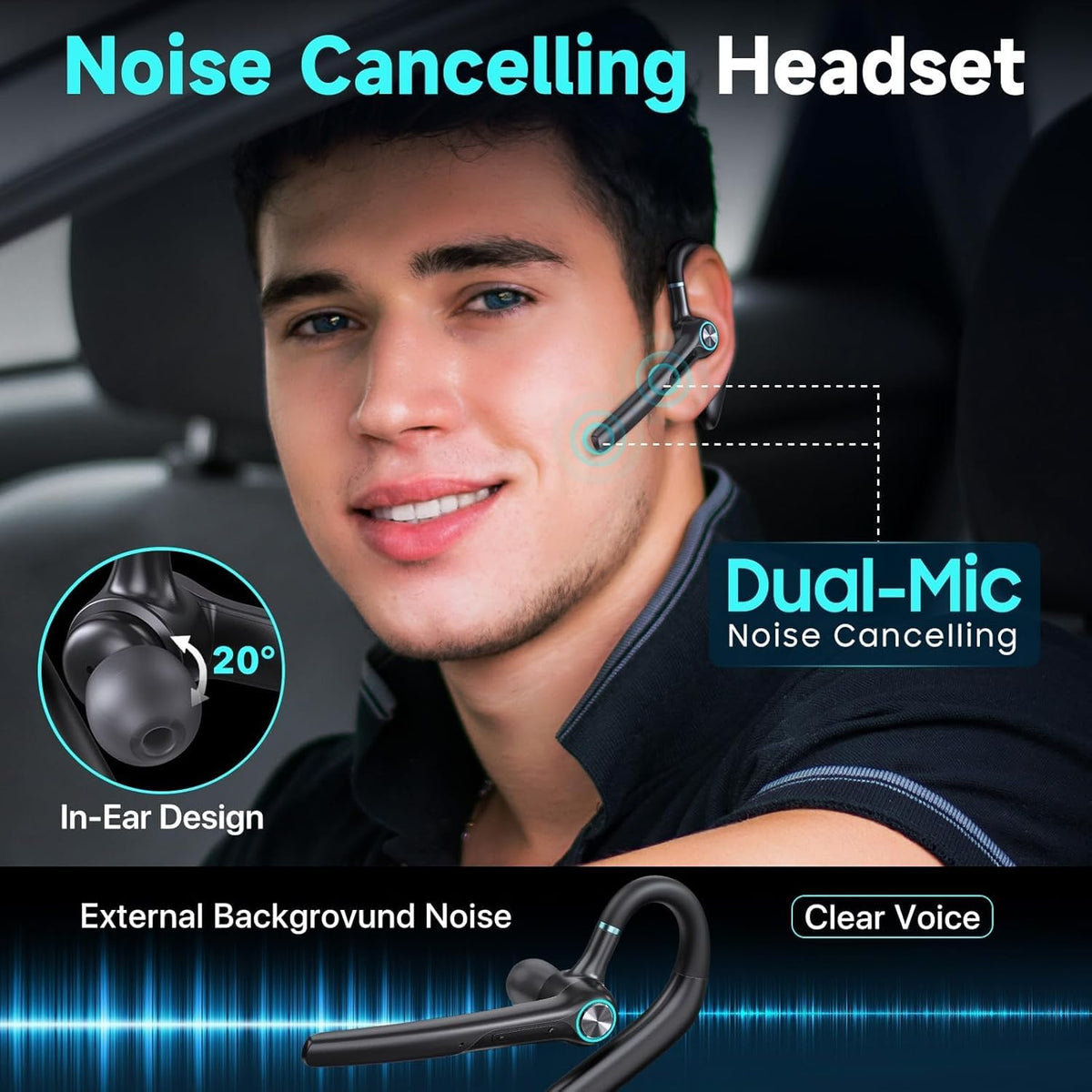 Bluetooth Headset Wireless Earpiece 60Hrs Playback Built-in Dual Mic Noise Canceling Wireless Headset Earphone with 400mAh LED Charging Case for Business Office Trucker (Black)