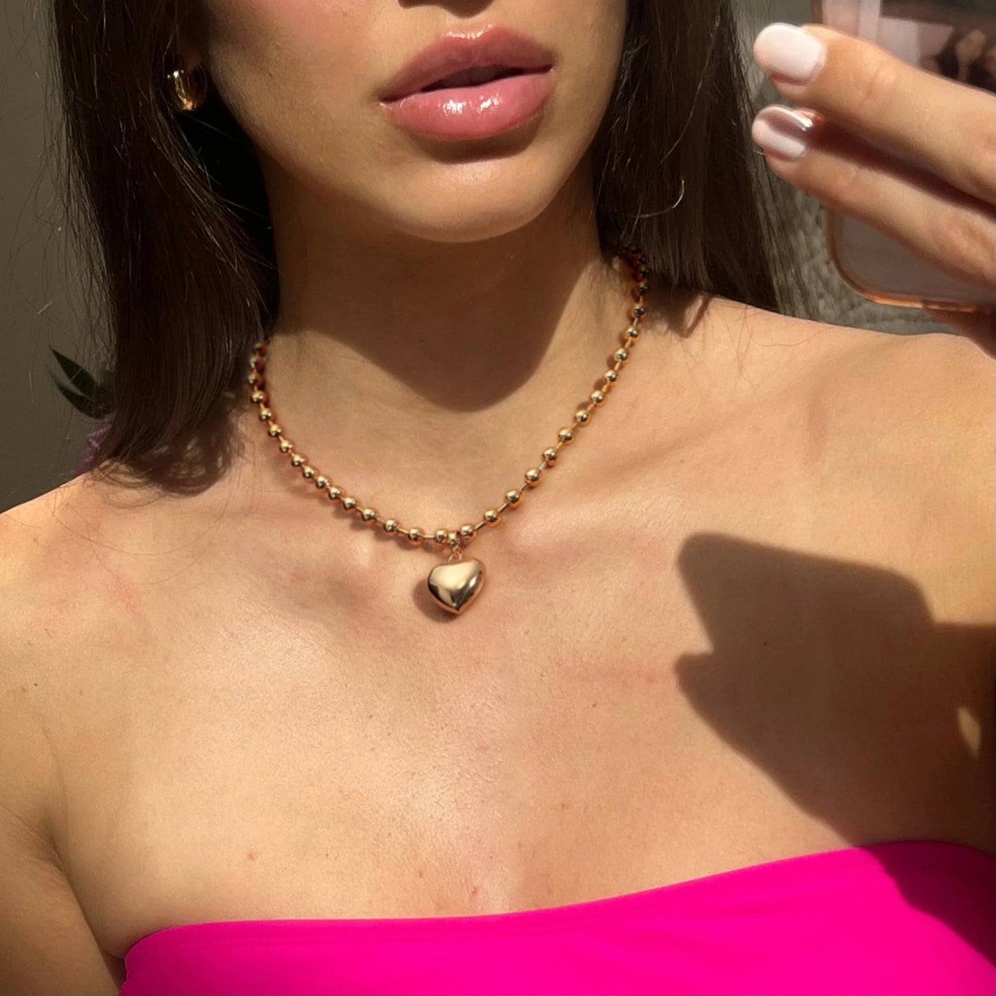 PEARLADA Statement Gold Plated Heart Pendant Necklace, Chunky Beaded Ball Chain Necklace, Trendy Jewelry y2k Necklace