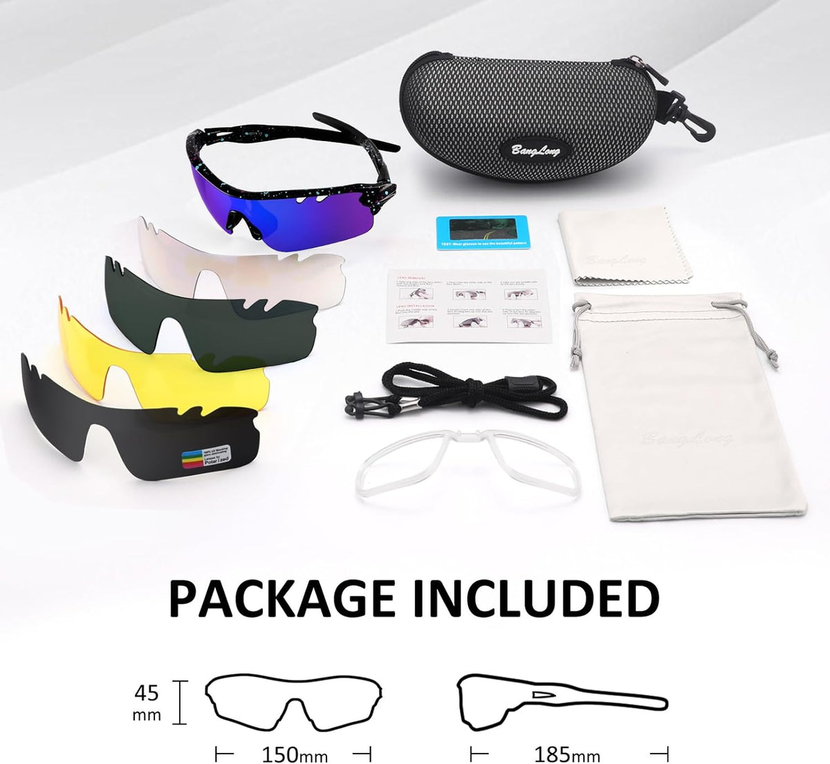 BangLong Polarized Sports Sunglasses Cycling Sun Glasses for Men Women with 5 Interchangeable Lenes for Running Baseball Golf