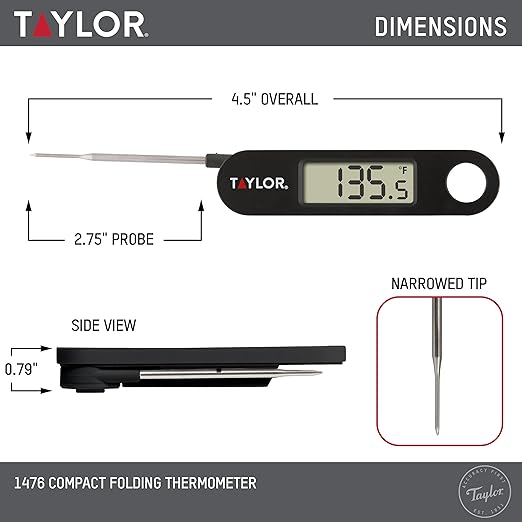 Taylor 1476 Instant Read Digital Meat Food Grill BBQ Cooking Kitchen Thermometer, Tailgating and Grilling Compact Folding Probe, Black