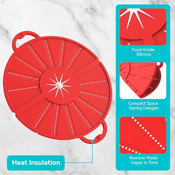 Silicone Splatter Screen for Frying Pan, Foldable Splash Guard, Multi-Use Grease Splatter Guard,Heat-Resistant Trivet Mat, 12" Non-Stick Oil Splatter Guard, Dishwasher Safe, BPA Free-red