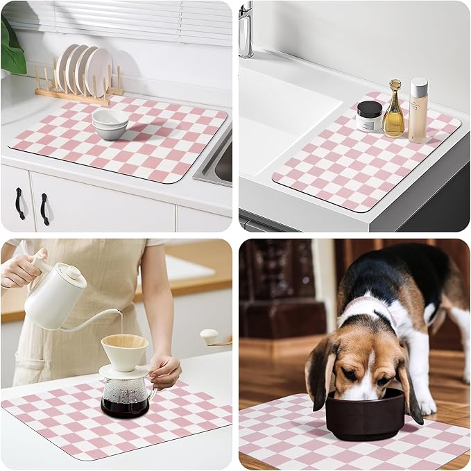 CooRug Checkered Dish Drying Mat for Kitchen Counter, Absorbent Non-Slip Coffee Mat, Heat Resistant Mat for Countertops Coffee Bar Decor 16" x 24" Pink