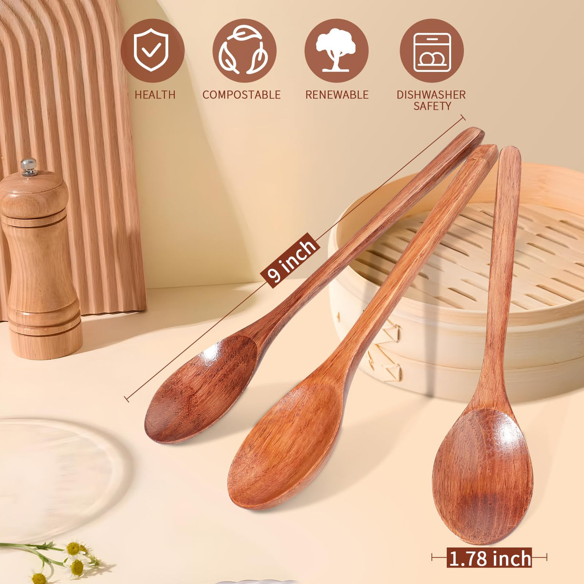 AERZIP 9 Inch Wooden Spoons for Eating Mixing Stirring Soda Jam Honey, Long Handle Wood Soup Spoons for Serving Home Kitchen Cooking Table Spoon (2 PCS)