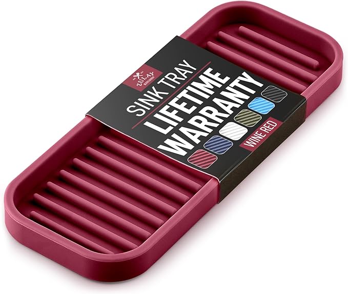Zulay Kitchen (9x3.5) Silicone Sponge Holder for Kitchen Sink - Flexible Multipurpose Soap Tray - Sink Organizer for Kitchen, Bathroom, Makeup, Trinkets & More (Wine Red)