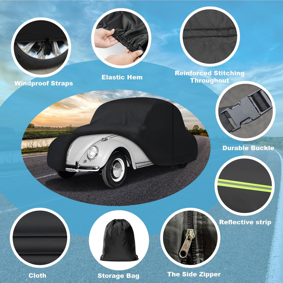 Car Cover Waterproof All Weather for 1960-1980 Beetle Sedan 2-Door Saloon Car, Heavy Duty 7 Layers Outdoor Full Cover with Door Zipper, Black