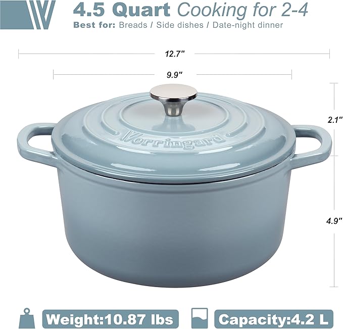 VORRINGARD Enameled Cast Iron Dutch Oven Pot with Lid, for Sourdough Bread Baking, Round Dutch Ovens, 4.5 Quart, Sea Salt