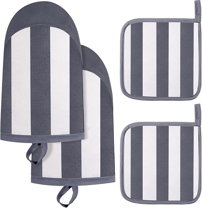 Reallnaive Oven Mitts and Pot Holders 4 Pcs Set for Kitchen, Stripe Cotton Oven Mitten Gloves Hot Pads Heat Resistant 500°f Outdoor Indoor Garden Baking Cooking BBQ Gift Hanging Loop, Beige (Gray)