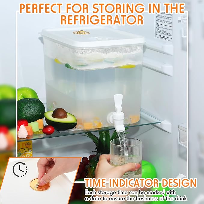 Domensi 1 Pack 2 Gallon Drink Dispenser for Fridge with Spigot Water Dispenser Leak Proof Lids Filter Screen Beverage Juice Container Sealed Plastic Lemonade Milk Cold Hot Drink Tea Jug for Party