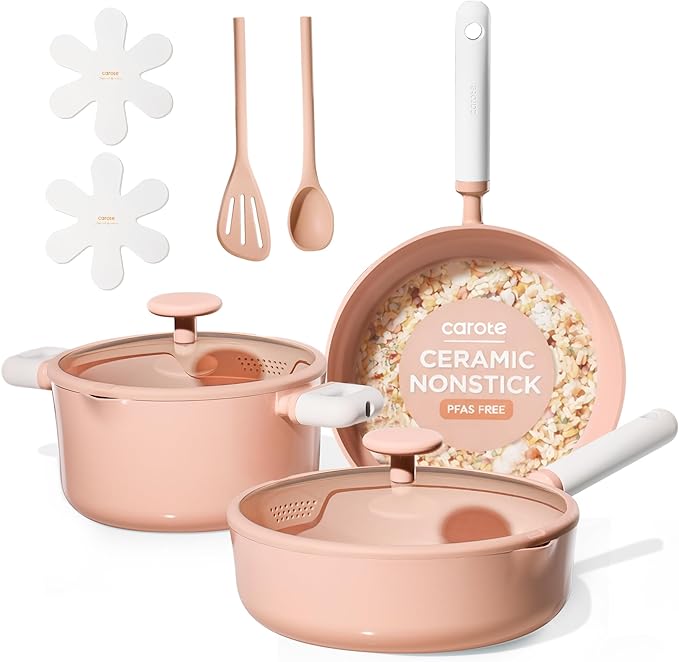 CAROTE Pots and Pans Set Nonstick, Ceramic Cookware Set, Pink Cooking Set Kitchen Induction Set with Steamer, PFAS PTFE Free,9 Piece
