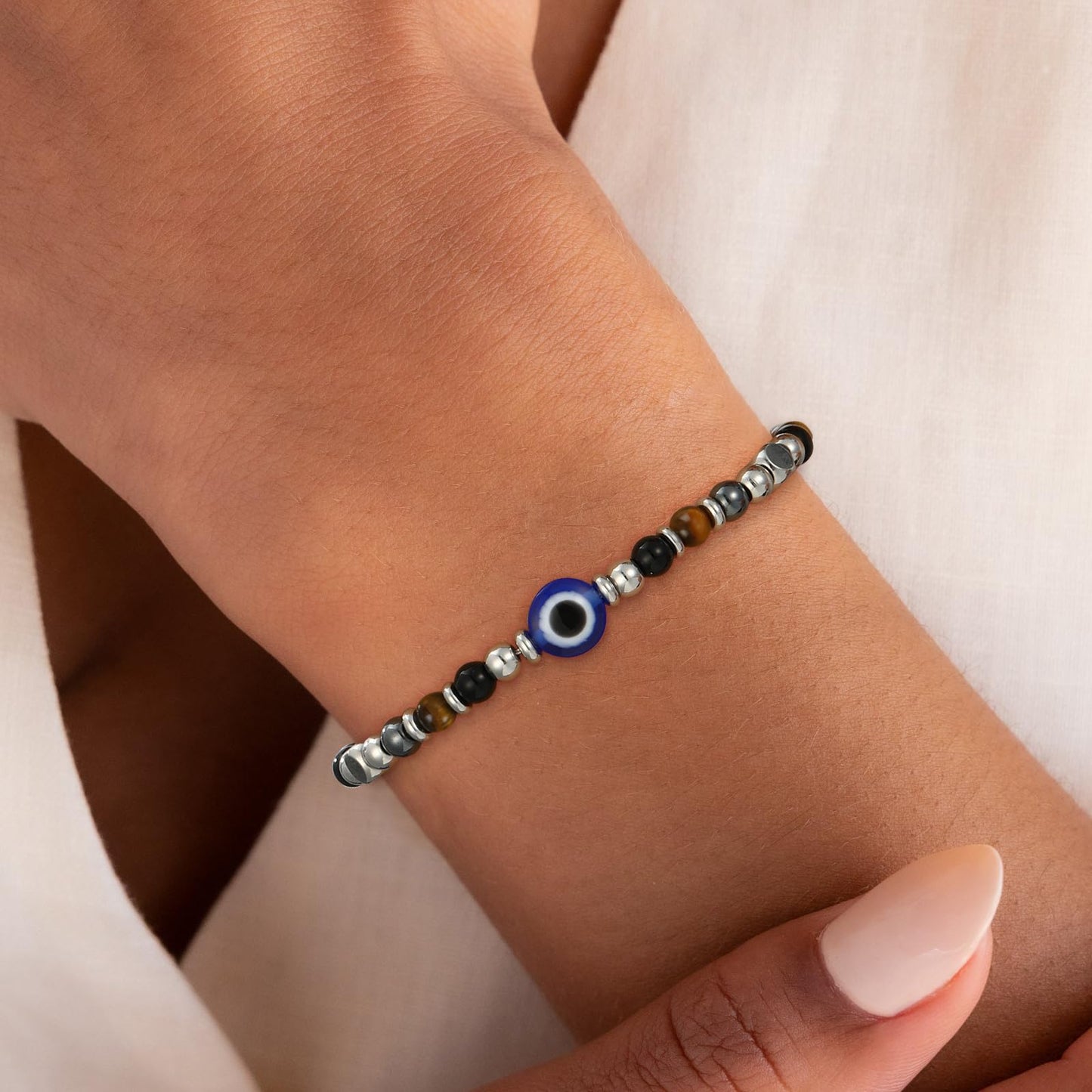 Pavkki Evil Eye Triple Protection Bracelet for Women Gifts Energy Hematite Black Tourmaline Tigers Eye Bead Crystal Healing Jewelry Natural Stones