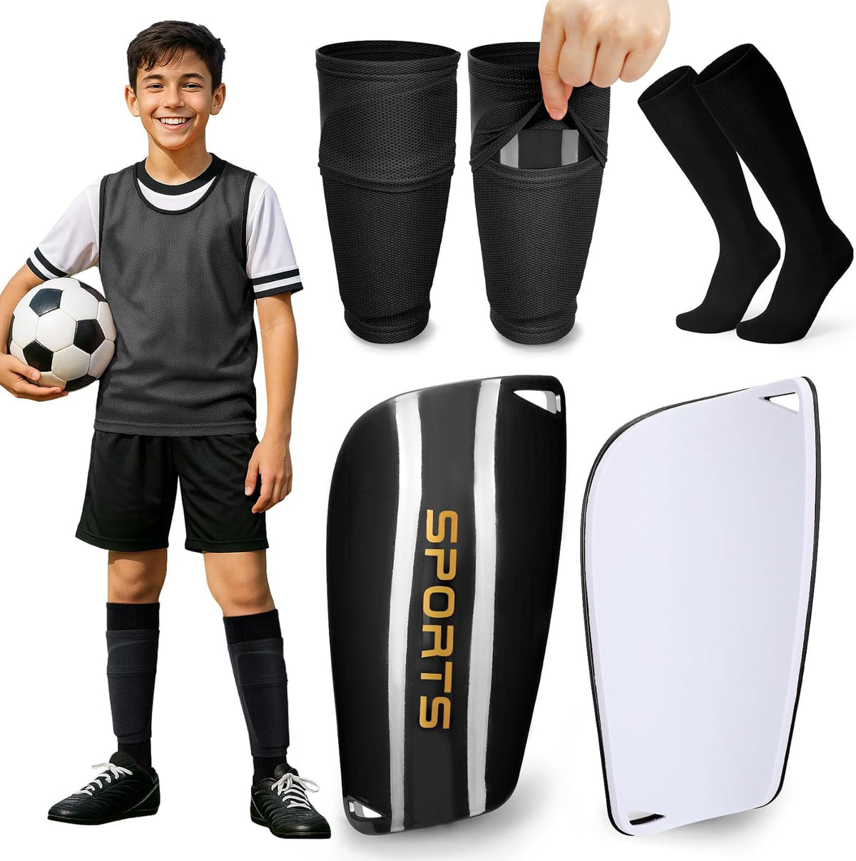 XZQTIVE Soccer Shin Guards with Shin Sleeves and Soccer Socks, Football Shin Pads Set for Kids Youth and Adult