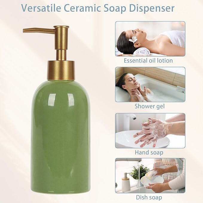 Natheeph 14OZ Ceramic Soap Dispenser Ceramic Soap Pump Dispenser Can Fill Liquid for Bathroom/Kitchen (Green)
