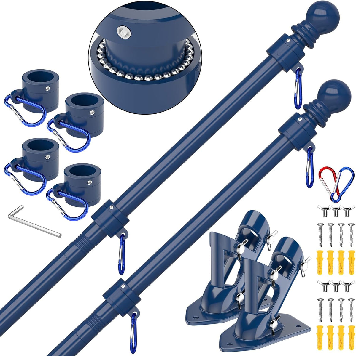 ZMTECH Flag Pole - Upgraded Bracket,(2 Packs) 6 FT Stainless Steel Flag Poles for Outside House, Residential or Commerical, Tangle Free Flag Pole Kit for American Flag (Without Flag, Blue)