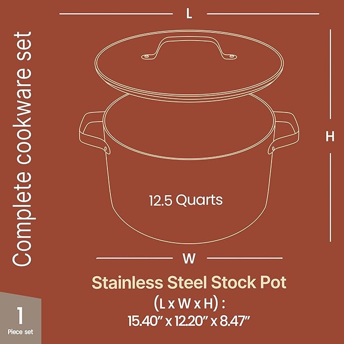 Bakken 12.5 Quart Ceramic Coated Stock Pot with Lid, Easy Clean Nonstick Pot, Tempered Glass Lid, Riveted Stainless Steel Handles, Oven Safe Up To 500°F, PTFE & PFAS Free, All Stove Compatible, Blue