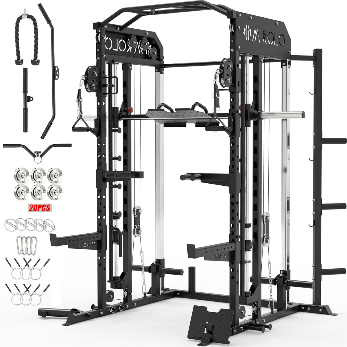 Mikolo Smith Machine, Multi-Function Power Cage with Dual Pulley System, Vertical Leg Press Attachment, Squat Rack Power Rack with More Training Attachment for Home Gym