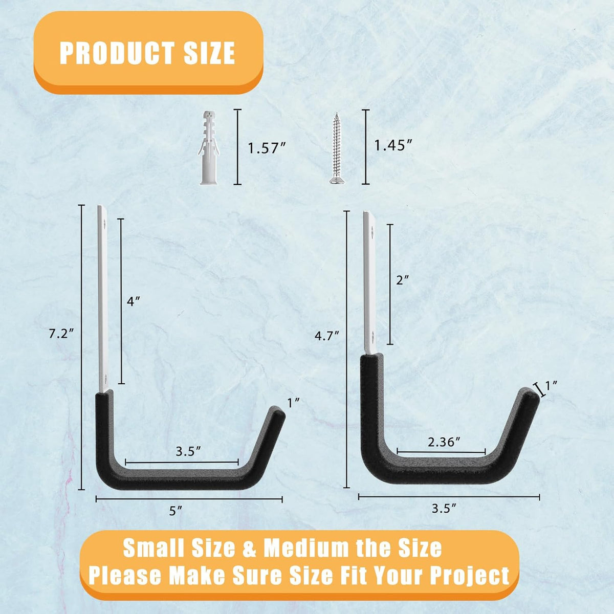 Heavy Duty Utility Hooks - Wall Mount for Garage Storage, Hose & Bike Hangers (2 Small & 2 Medium)