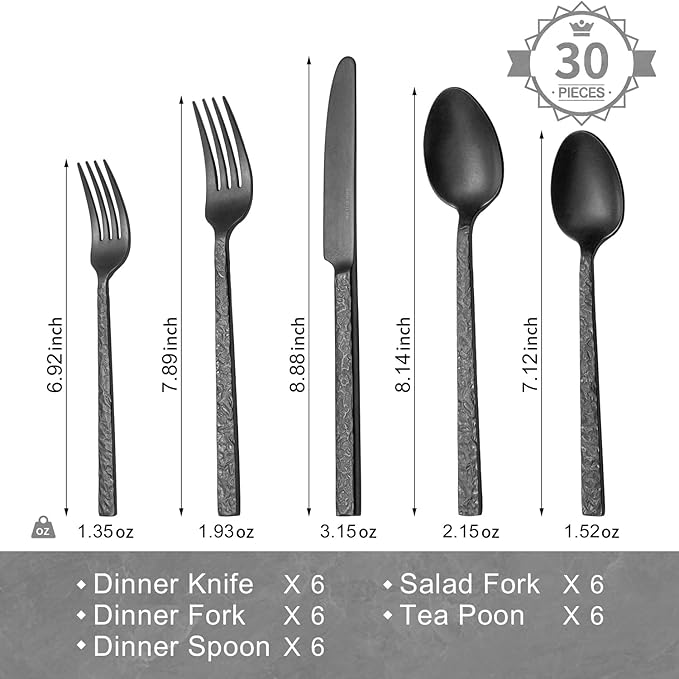 KINGSTONE 30 Pcs Black Hammered Silverware Set for 6, 18/10 Stainless Steel Heavy Duty Flatware Set, Tableware Cutlery Utensil Sets for Home Restaurant Dishwasher Safe