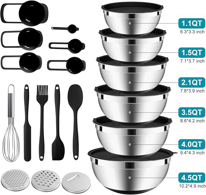 20-Piece Mixing Bowls Set with Airtight Lids – 6 Stainless Steel Kitchen Bowls (4.5QT, 4QT, 3.5QT, 2.1QT, 1.5QT, 1.1QT), 3 Grater Attachments, Non-Slip Silicone Bottoms, Perfect for Baking & Serving