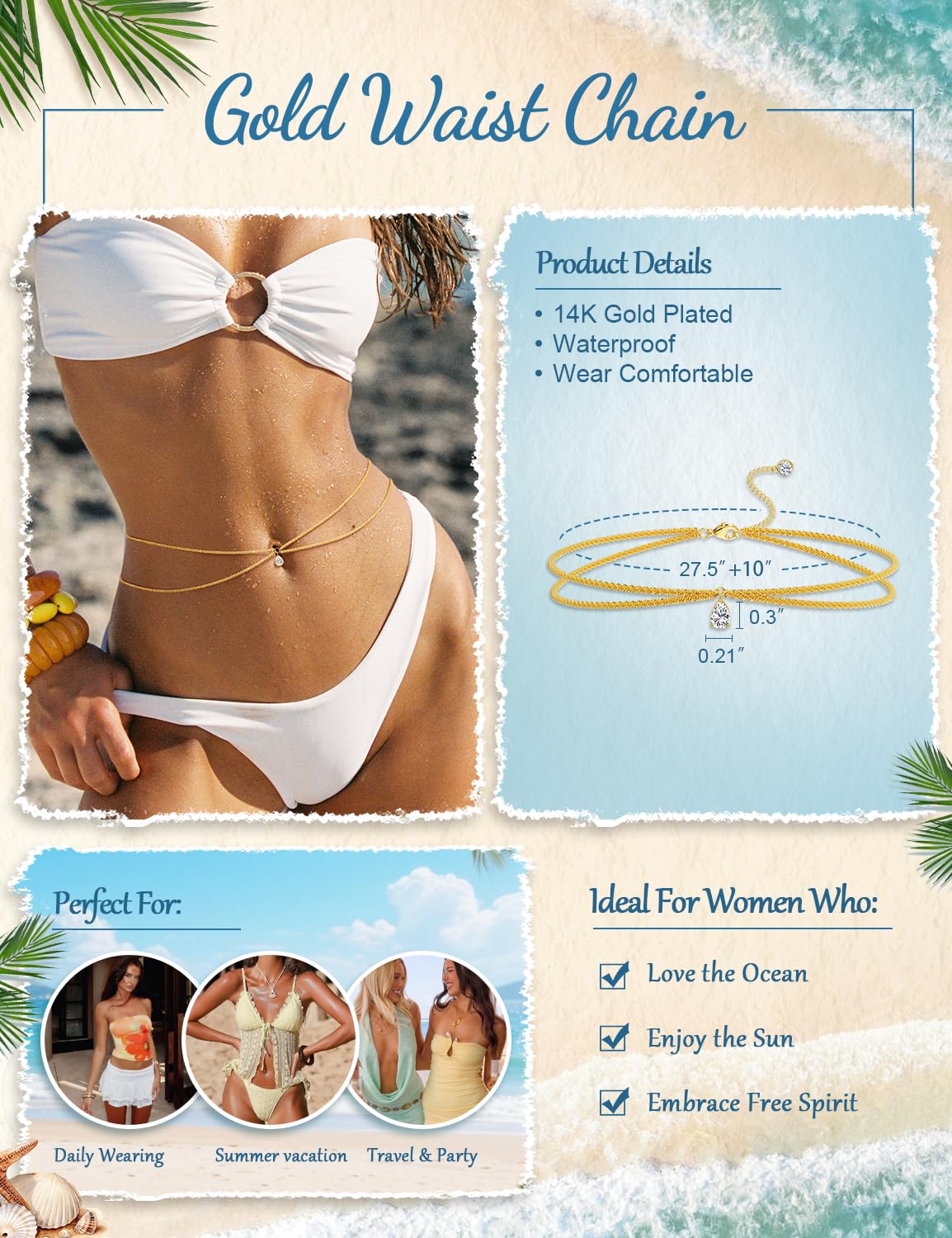 HEVOCY Gold Waist Chain for Women, Trendy Layered Belly Chain Jewelry, Adjustable Body Chain for Beach & Summer Outfit