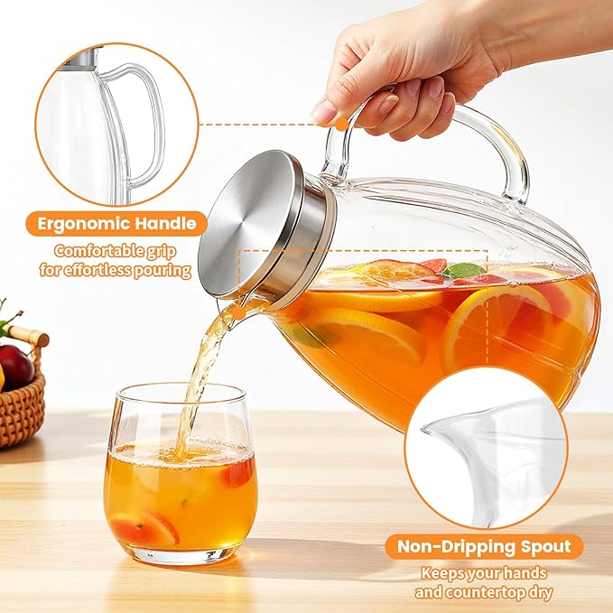 Glass Pitcher with Lid and Handle, 2.2L Borosilicate Glass Water Carafe, Stainless Steel Dual-Filter Lid, Heat Resistant for Hot/Cold Beverages – Iced Tea, Coffee, Juice, Cold Brew, 2 Pack