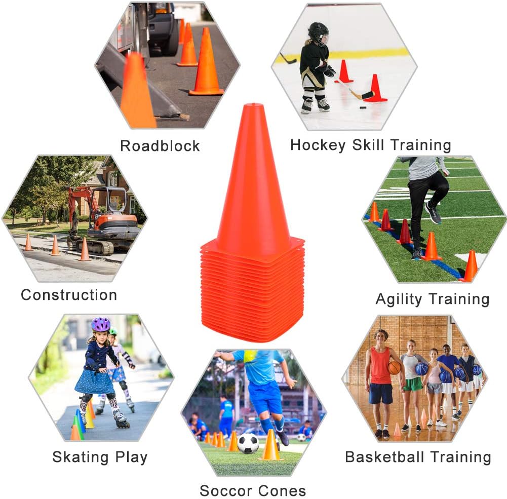 9 Inch Plastic Training Traffic Cones, Sport Cones, Agility Field Marker Cones for Soccer Basketball Football Drills Training, Outdoor Activity or Events - (Set of 10, 12, 15 or 24, 4 Colors)