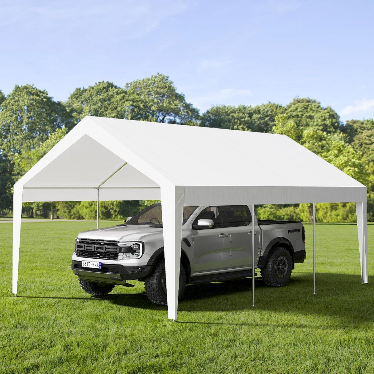 10x20ft Metal Carport Garage with PE Fabric and Galvanized Steel Frame Leg Wrap Carport for Outdoor Shelter for Cars, Trucks, and Boats - White