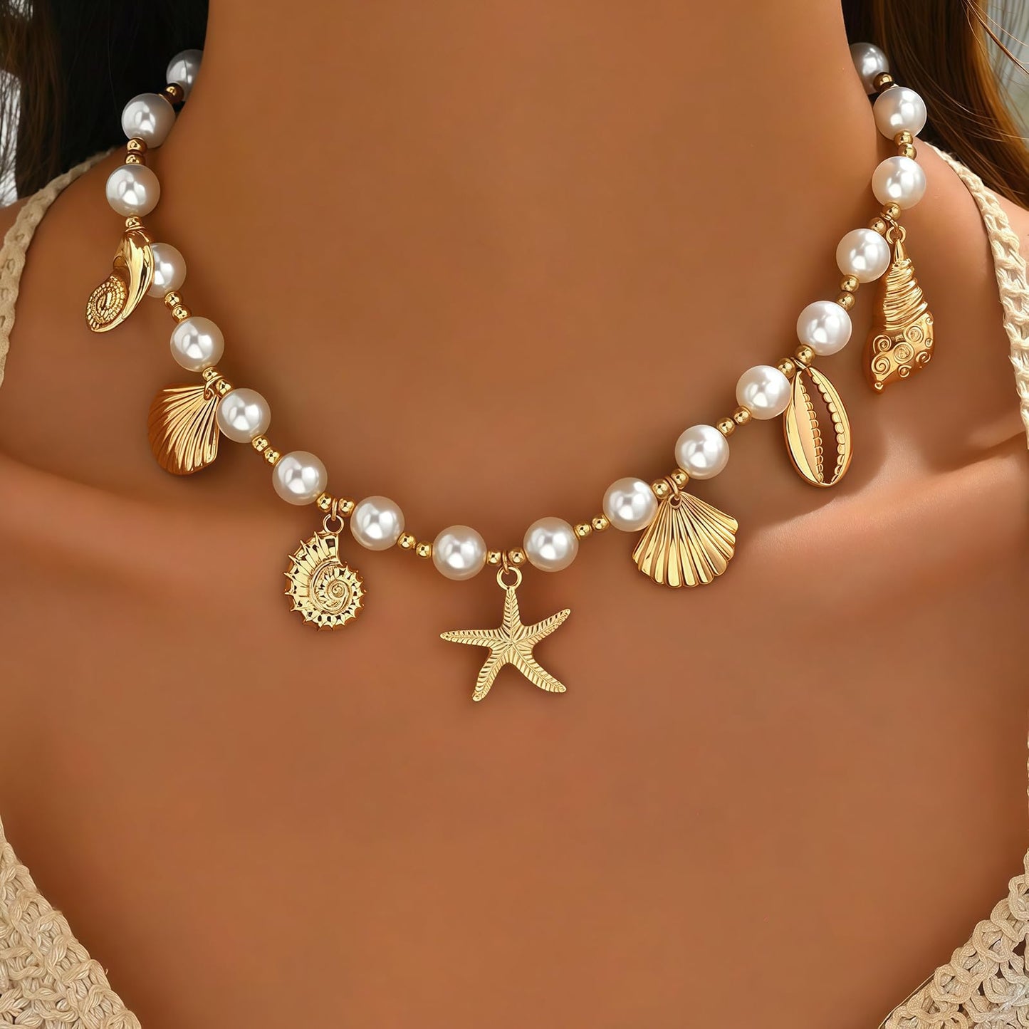 Shell Starfish Necklace for Women, 14k Gold Plated Boho Layered Beaded Charm Pendant Necklace, Dainty Adjustable Pearl Conch Summer Beach Vacation Jewelry Gifts(Pearl Charm)