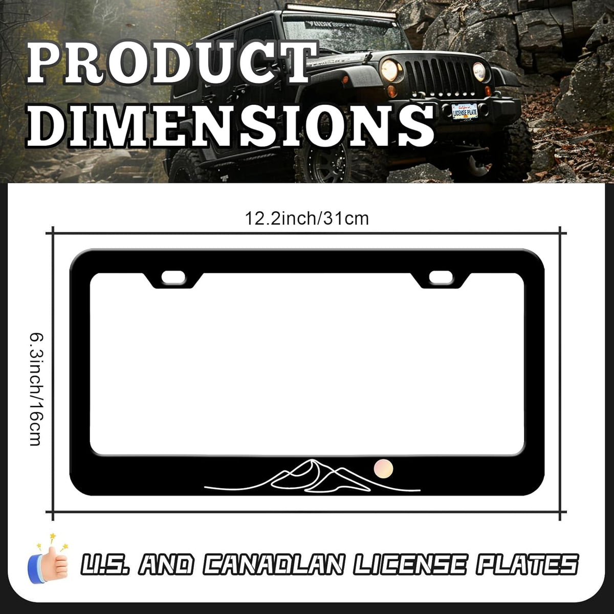 Moon Mountain License Plate Frames - 2 Pack Black Mountain Stainless Steel License Plate Holder,Rust-Proof Waterproof Car Decorative Tag Frame with Screws Fasteners Caps
