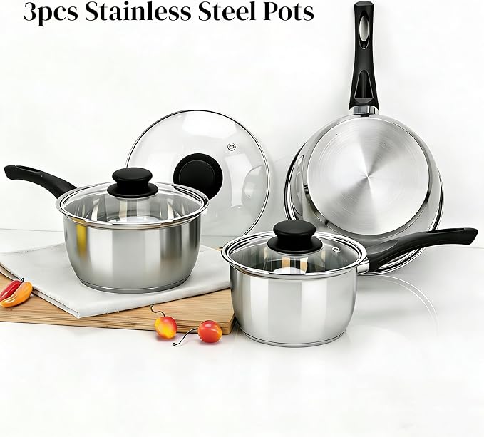 3pcs Stainless Steel Saucepan Set, Kitchen 1QT & 2QT & 3QT Pot Set with Lid Triply Base Sauce Pot for Cooking Stainless Steel Cookware Set