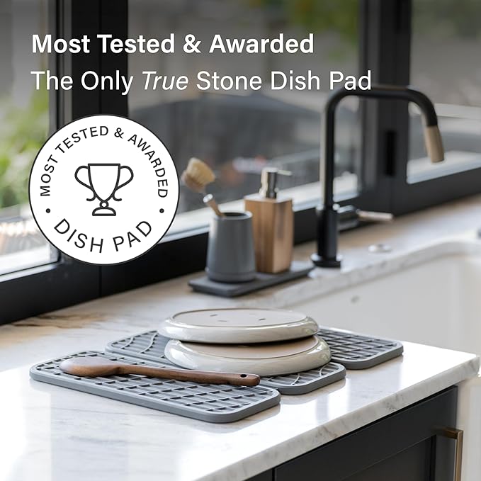 Dorai Home Dish Pad - Collapsable Stone Dish Drying Mat with Diatomaceous Earth for Quick Drying - Ultra Absorbent - Encased in Woven Silicone - Eco-Friendly, Foldable - Original 19.9"x15.2", Slate
