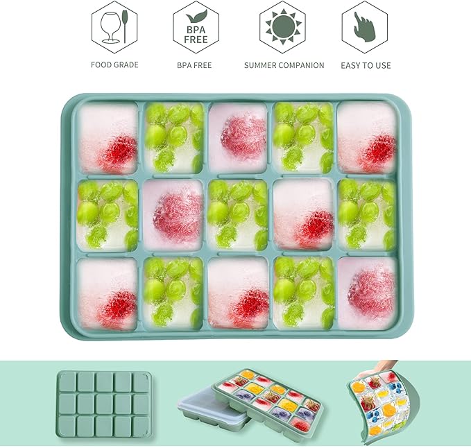 Ice Cube Trays Set of 2, Easy Release 15 Flexible Silicone Ice Cube Molds with Removable Lid Reusable Freezer Ice Trays Stackable for Whiskey, Baby Food, BPA Free (GREEN+GRAY)