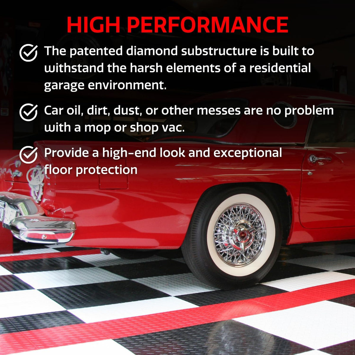 Big Floors RaceDeck Diamond Plate Design, Durable Interlocking Modular Garage Flooring Tile (Red, 48 Pack of 12 x 12" Tiles)