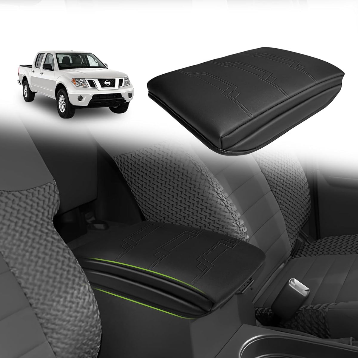 Muslogy Center Console Armrest Cover Compatible with Nissan Frontier 2005-2021 Accessories Comfort Armrest Pad Cushion Box Lid Cover Vegan Leather Protector 1-Inch Extra Thick