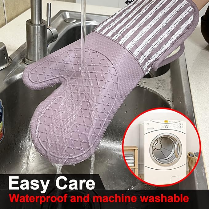 Alselo Silicone Oven Mitts Heat Resistant 932℉ with Waterproof & Non-Slip Kitchen Mittens, Set of 2 Extra Long Oven Gloves with Soft Cotton Terry Lining for Baking Cooking Barbecue(2, Purple Mitts)