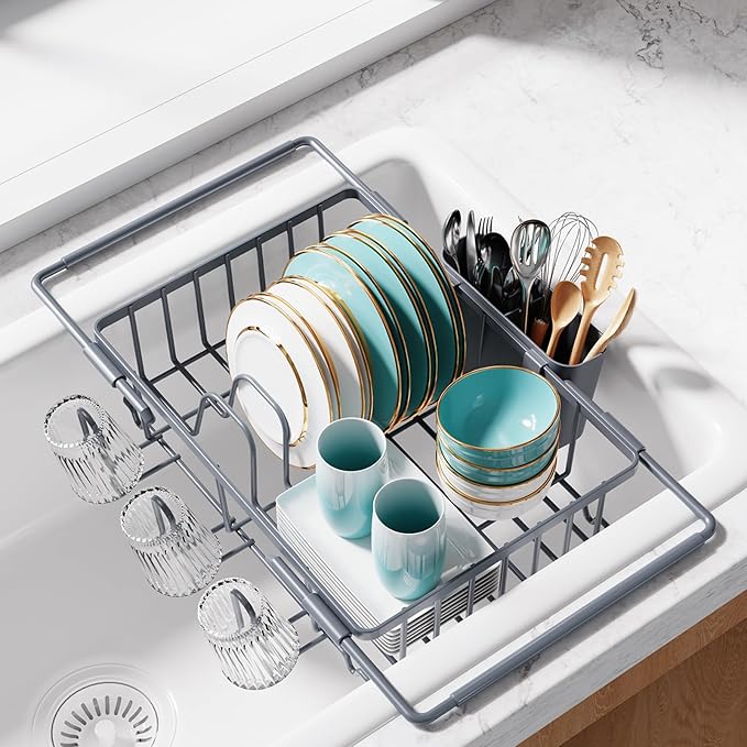 Sakugi Dish Drying Rack in Sink - Expandable Stainless Steel Dish Rack Over the Sink, Kitchen Sink Drain Strainer with Cutlery Holder & Cup Holders, 15.4 x 9.8 x 3.0 Inch, Silver