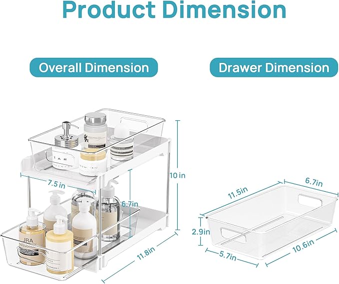 Vtopmart 4 Pack Bathroom Organizer, 2 Tier White Under Sink Organizers Vanity Countertop Storage Container,Cabinet Drawers Bins, Pull-Out Organization with Track for Pantry, Kitchen