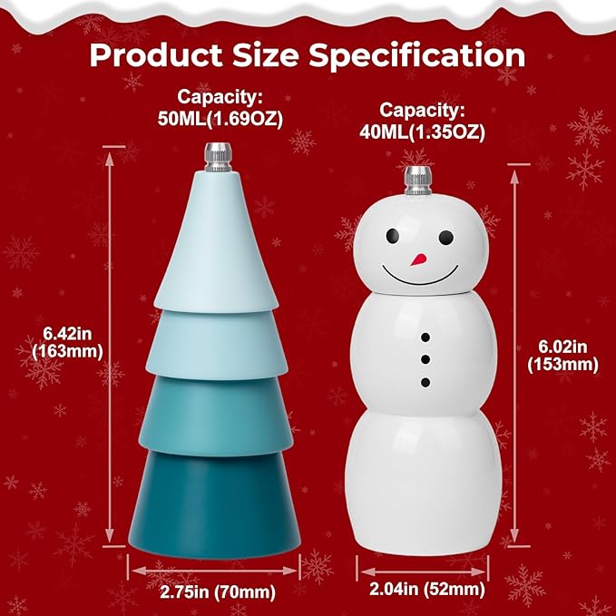Christmas Salt and Pepper Grinder Set, Snowman & Tree Refillable Salt and Pepper Mills with Adjustable Ceramic Core, Wooden Manual Salt and Pepper Shakers for Kitchen,Gift, Christmas Decor