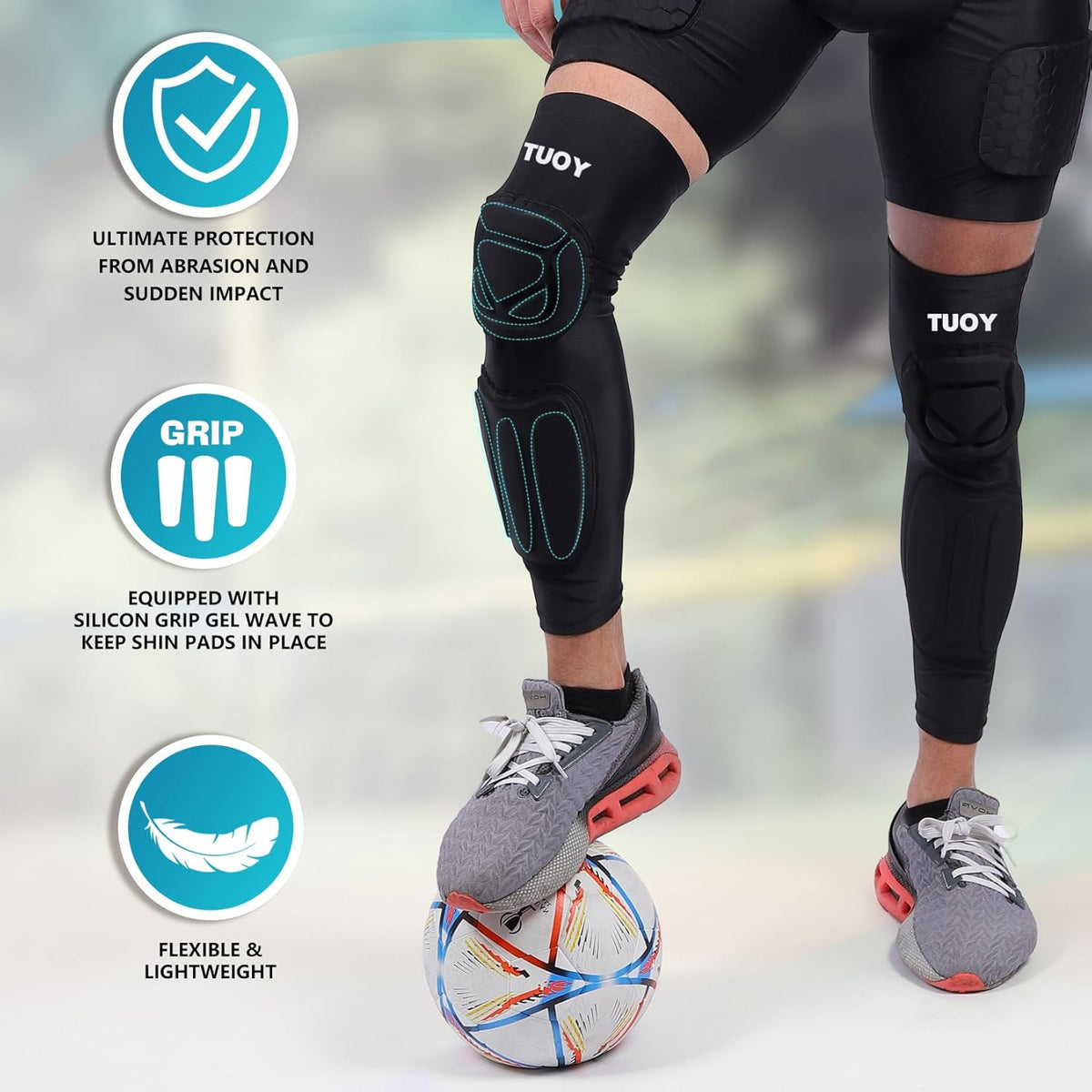 TUOY Knee Pad with Shin Guard Pads, Protective Shin/Knee Sleeve Support for Soccer, Football, Basketball, Wrestling, Volleyball (A Pair)