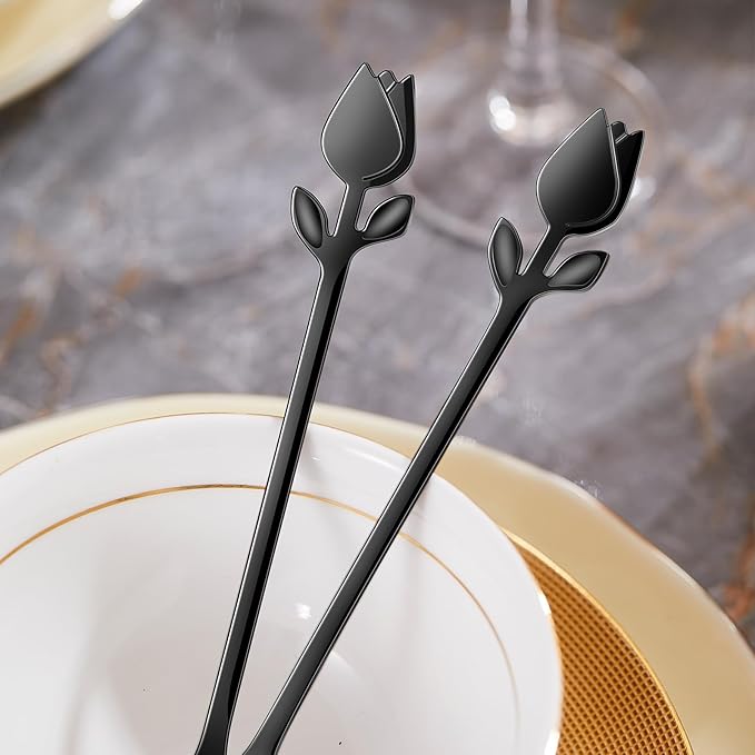 Black Tulip/Rose Handle 12-Pcs Mini Coffee Spoons Set - 6" Stainless Steel for Espresso, Tea, Dessert - Ideal for Demitasse & Small Servings