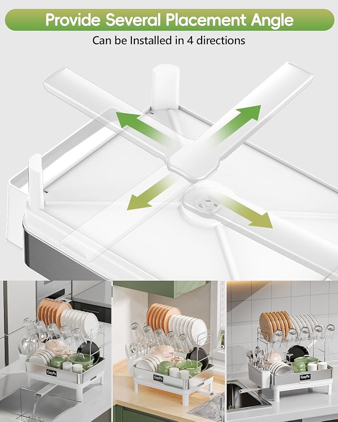 2 Tier Dish Drying Rack, Thicker Premium 304 Stainless Steel Dish Racks for Kitchen Counter, Automatic Drainage Spout, Dish Drainer & Drainboard Set with Utensil Holder and Cup Holder, White